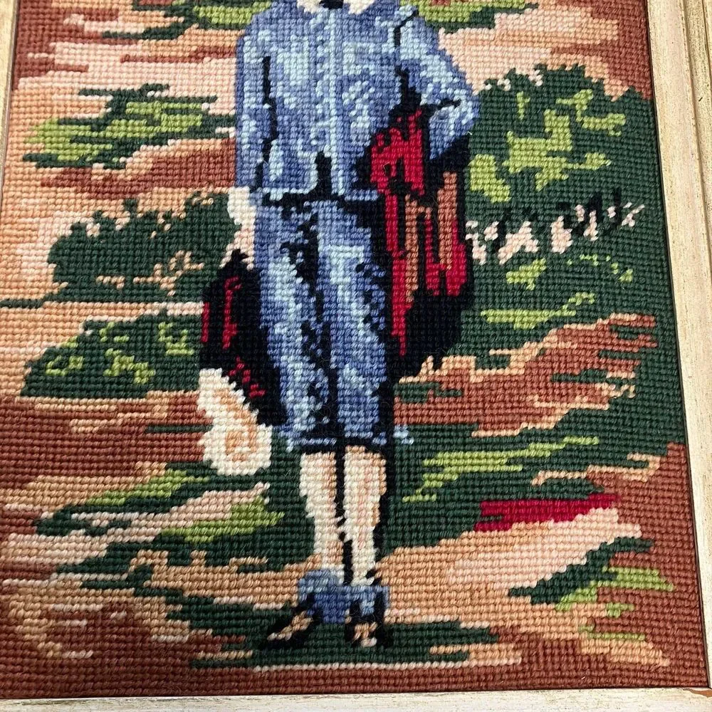 Blue Boy & Pinky Lady Completed Cross Stitch Needlepoint Wooden Frames Vintage